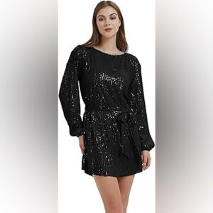 NWT Anna-Kaci Black Sequin Belted Crew Neck Long Sleeve Mini Party Dress XL